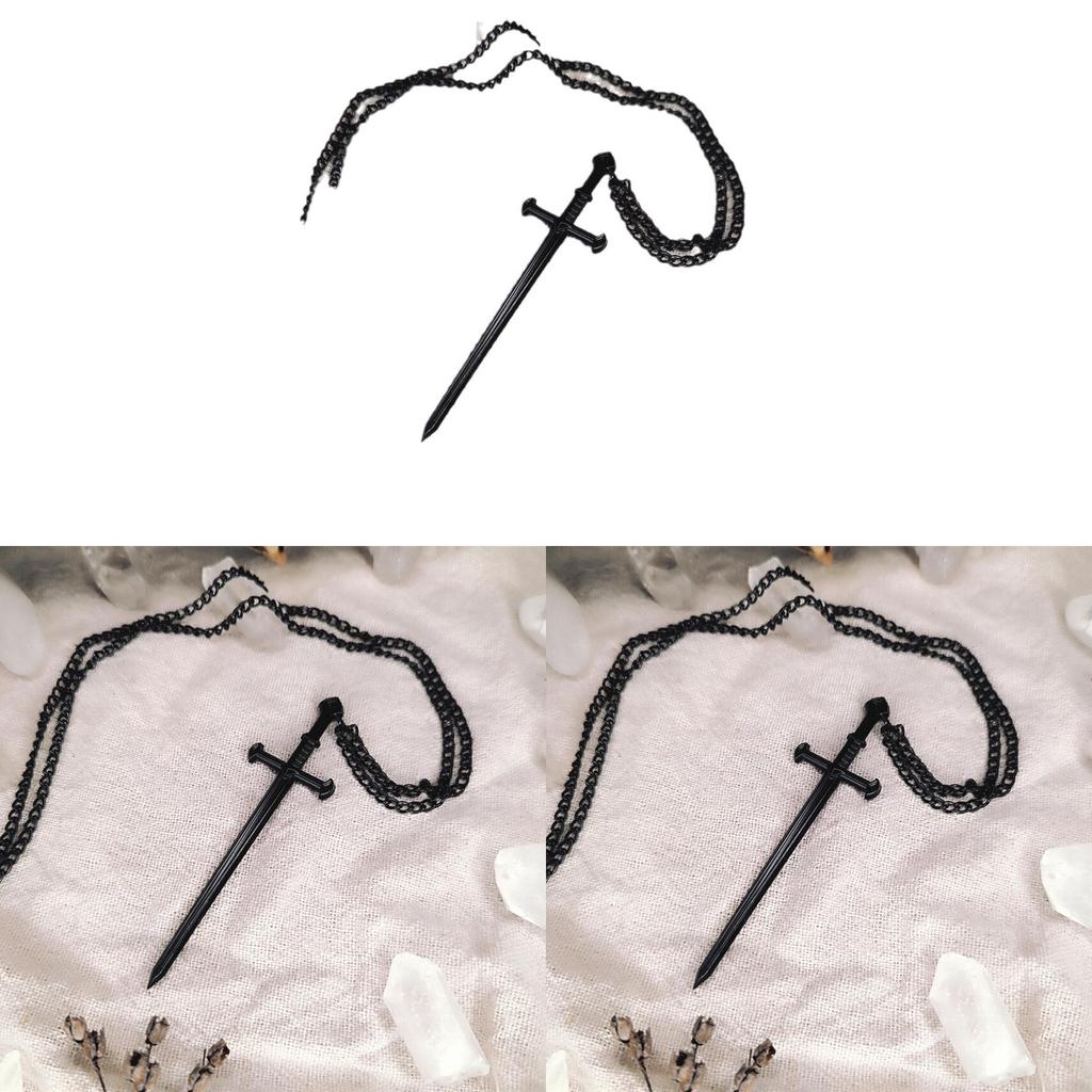 Gothic Black Long Sword Pendant With Cross Chain For Women