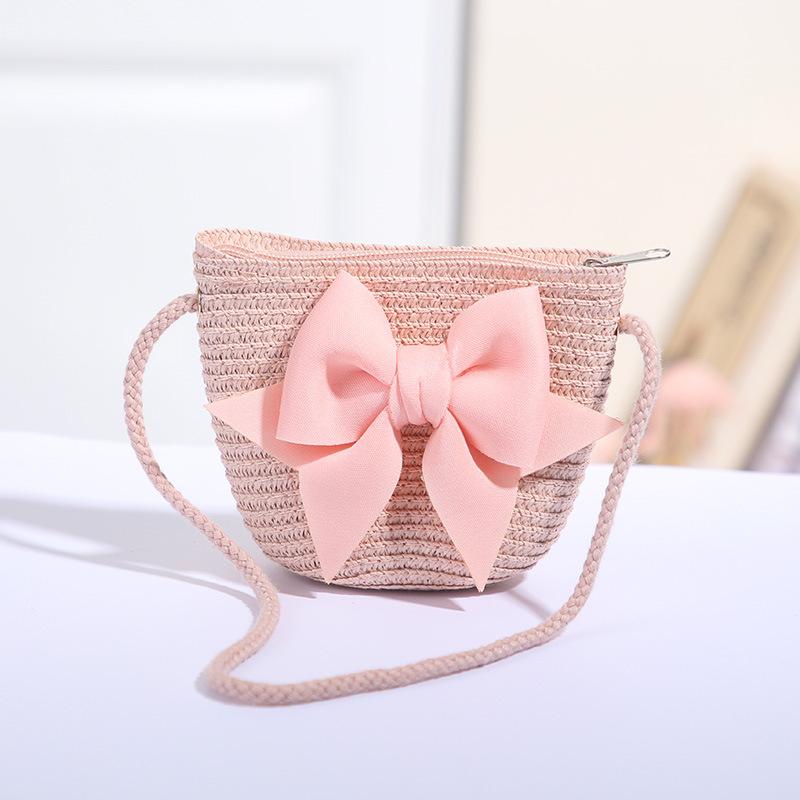 Cute Bow Decor Baby Girls Straw Shoulder Bag Eco-friendly Handmade Woven Crossbody Bag for Kids Party School Trip
