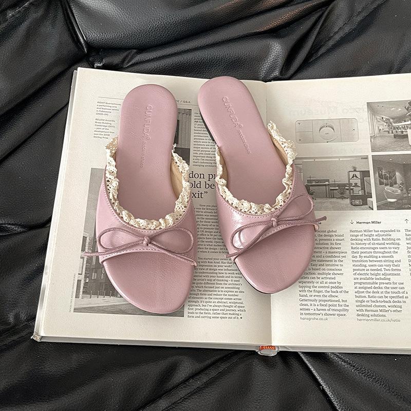 Flat-bottomed one-word tow shoes female French bow exquisite fairy style 2025 summer outer wear new non-slip cool slippers