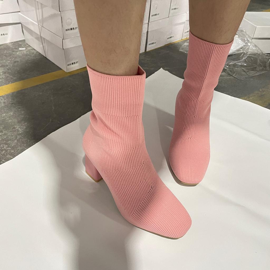 Spring Autumn Elastic Sock Ankle Boots for Women Square Toe Heeled Booties Trend 2025 Large Size Warm New In Woman Short Shoes