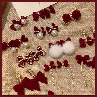 Kolczyki z kokardą Red Velvet i perłami Silver Needle Ankola - Retro High-End Jesień/Zima
