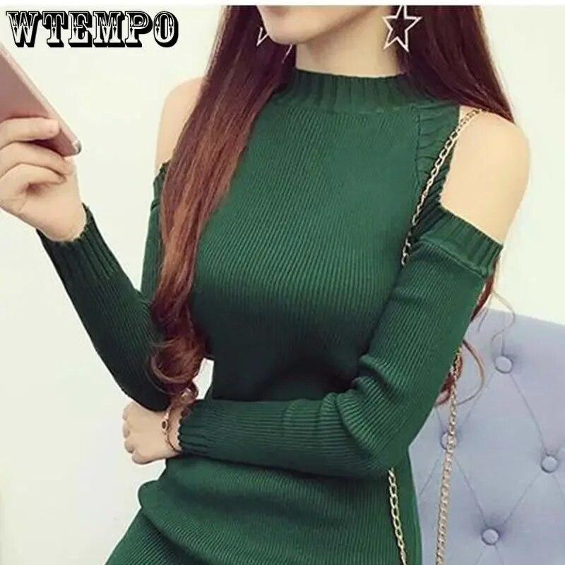 Schulterfreies, langärmliges Strickkleid für Damen, sexy und eng anliegender Strickpullover, Hüftwickel-Unterziehpullover, ausgehöhlt, mittellang