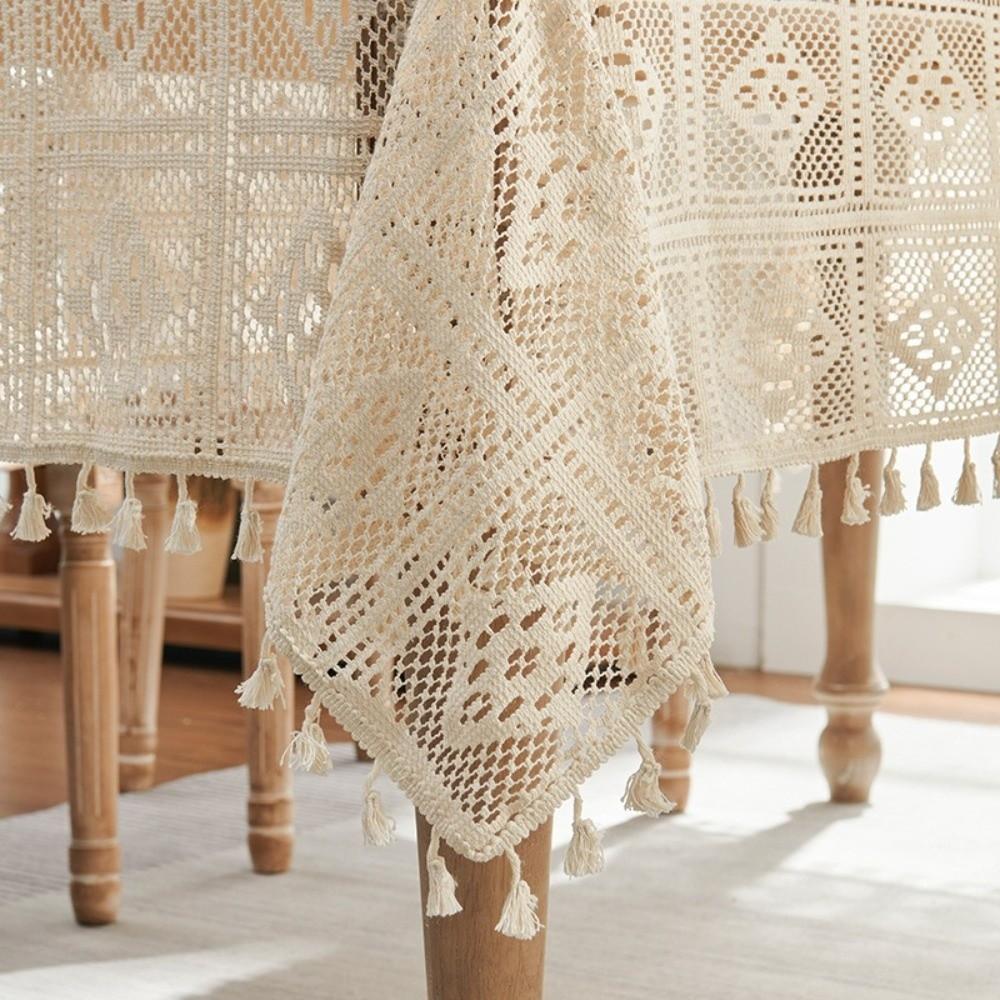 Checkered Pattern Hollowed Out Tablecloth Rectangular Lace Tablecloth  Dining Table