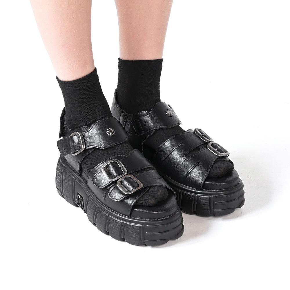 Sophisticated Retro - Futuristic Black Sandals | Premium Leather, Chunky Metal Buckles, Versatile for Casual & Streetwear