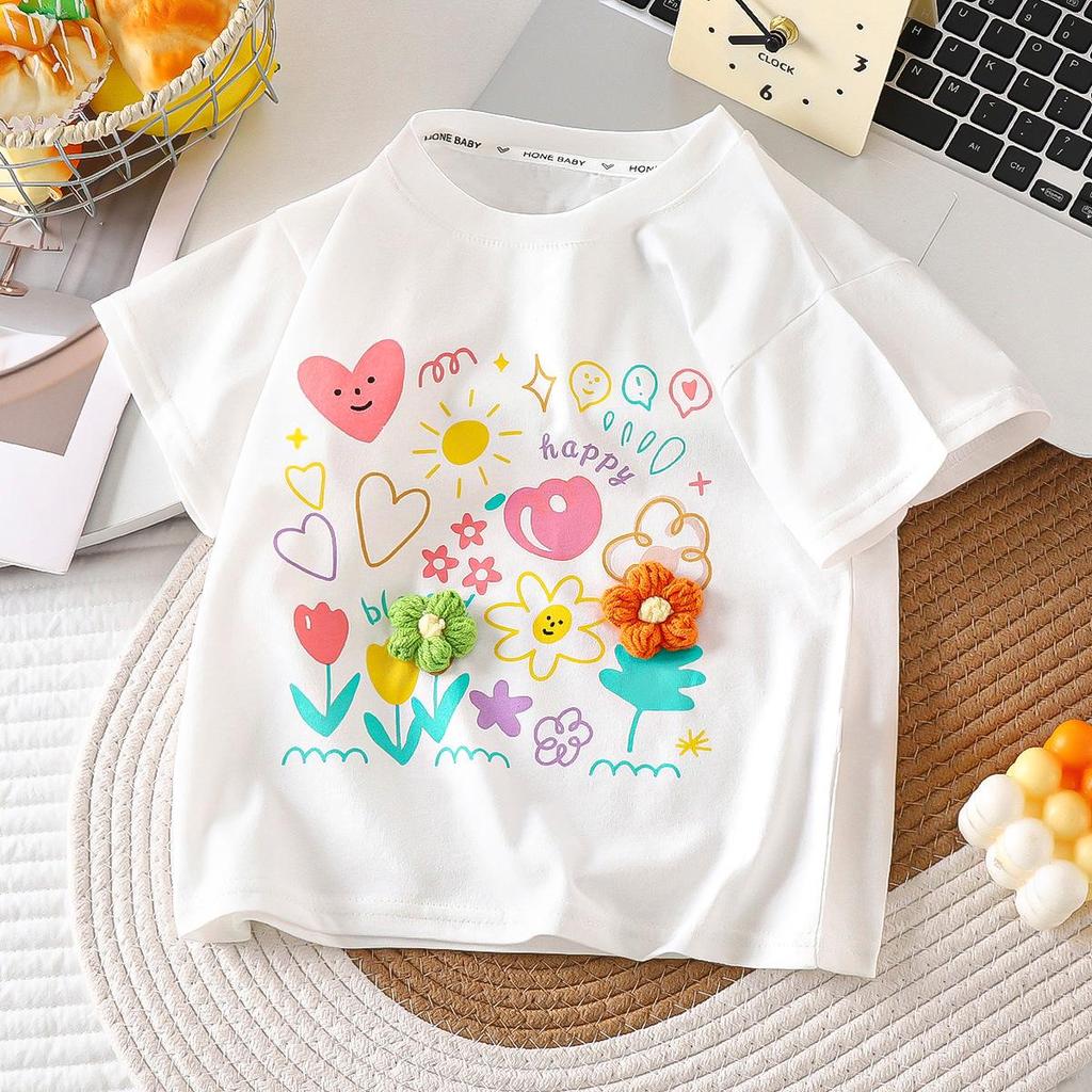 Girls' Summer Floral Cotton T-Shirt with Round Neck and Short Sleeves