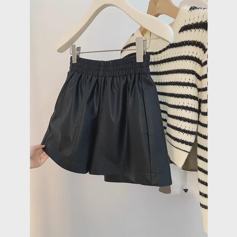 Apricot PU Leather High-Waist Wide-Leg Shorts for Autumn/Winter 2023 - Women's Fashion