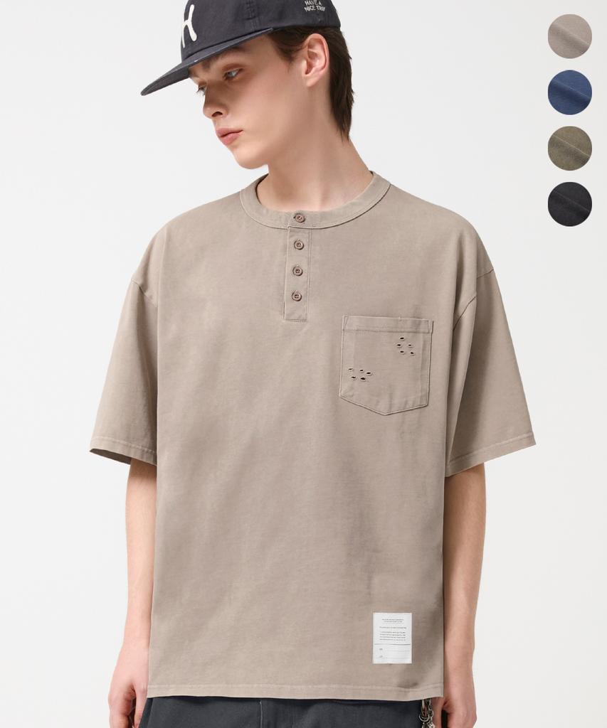 TRILLION Vintage Work Patch Pigment Henley Neck Short Sleeve_4Color