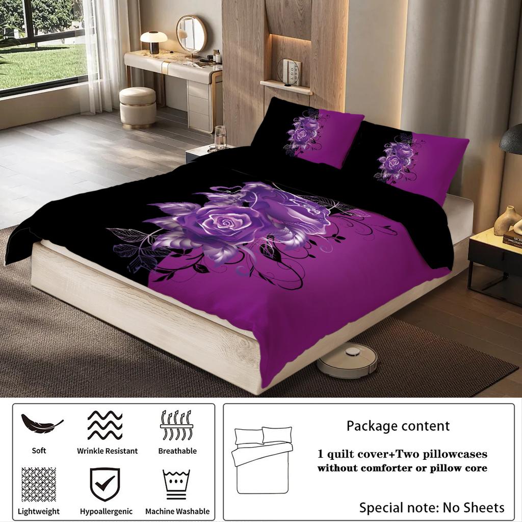 3-teiliges Bettwäscheset mit lila Rosenmusterdruck, 1 Bettbezug + 2 Kissenbezüge, Queen-Bett, geeignet für Frauen- und Erwachsenenschlafzimmer