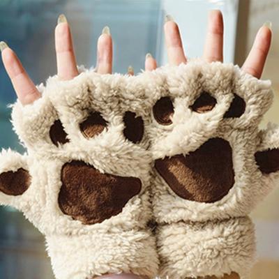 Kvinnor Söta Kattklo Tass Plysch Vantar Varma Mjuka Plysch Korta Fingerlösa Fluffiga Björn Katt Handskar Kostym Halvfinger Svart Grå