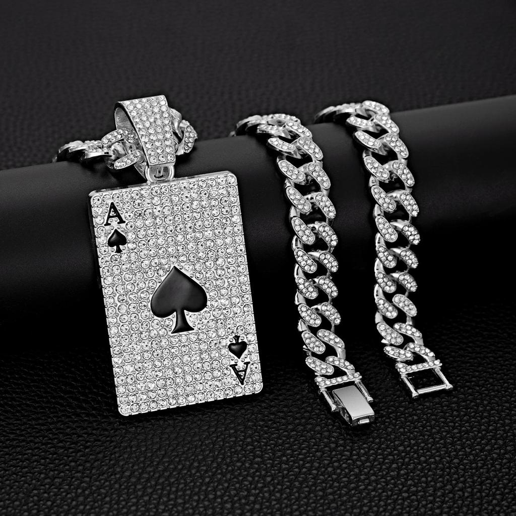 Glückskarte Pik-Ass Hip-Hop Anhänger Halskette - Diamantbesetzte Cuban Chain, Leichter Luxus & Vielseitig
