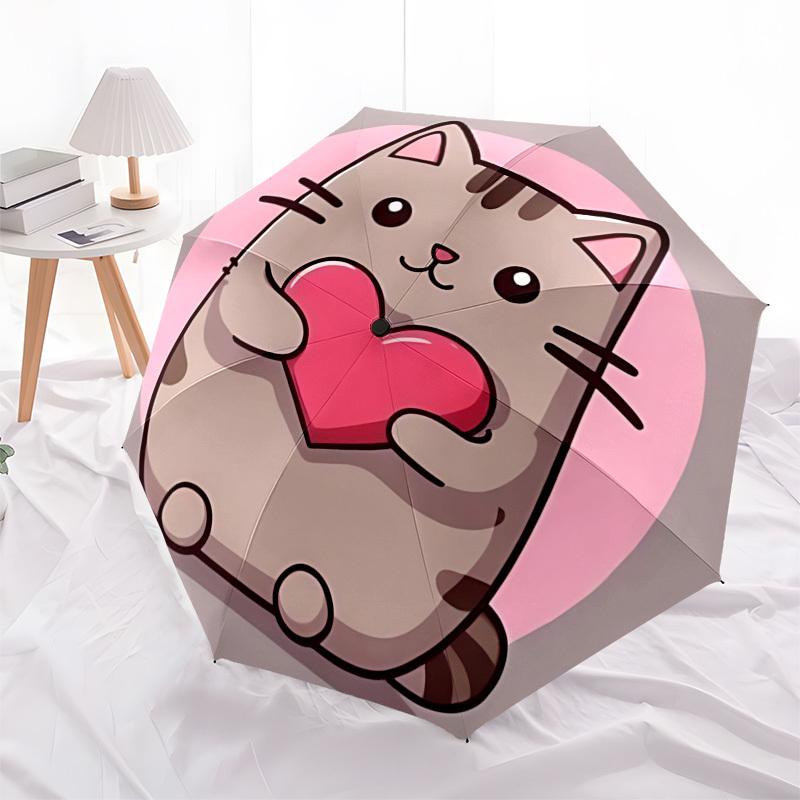 Cute Cat,Heart Holding Automatic Folding Umbrella Compact 8 Rib Design,Unique Style,Suitable for Everyday Outdoor Use,Perfect Gift for