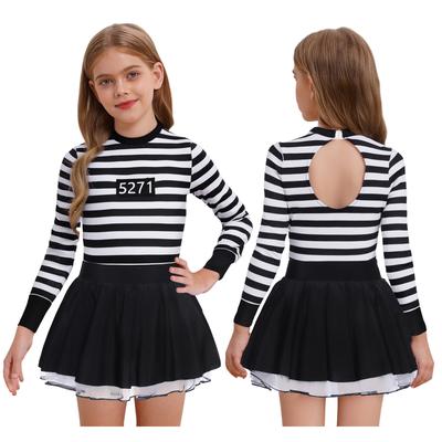 Kostým vězeňkyně pro dívku Pruhované nadýchané šaty Kulatý výstřih Vykrojená záda Dlouhý rukáv Volánová sukně Tylová tutu Cosplay outfit