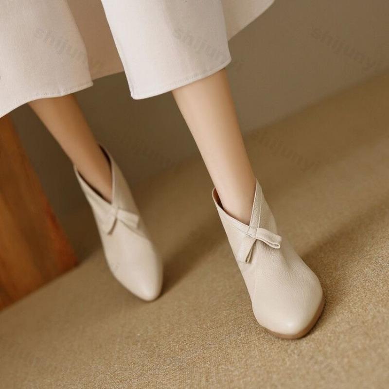 Autumn New Women Short Boots Comfortable Fashion Bow Knot Soft Sole Middle Heel Shoes Height Increase Wear Resistant Ankle Boots