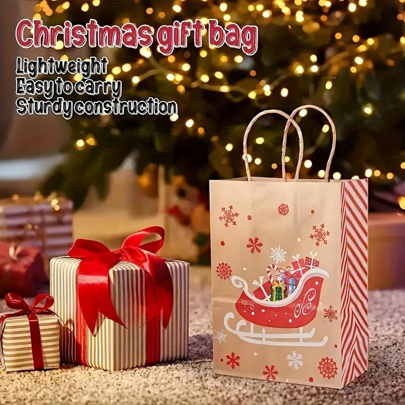 Handheld Christmas Gift Bag Kraft Paper with Handle  Printed Paper Bag Festive Gift Bag for Christmas Presents Party Supplies
