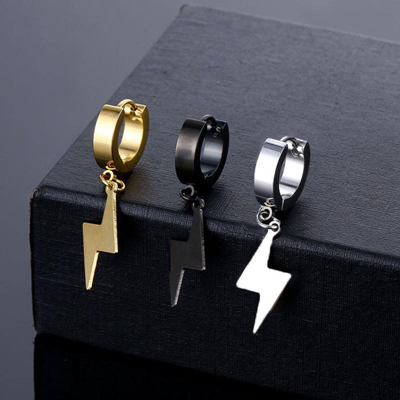 2pc Punk Hiphop Lightning Pendant Stainless Steel Earring korean fashion Women Men Circle Ear Stud Earring Jewelry Ear Accessory