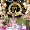 2D 17th Birthday Party Backdrop, Shiny Black Gold Gift & Fireworks Background Cloth for Milestone Birthday