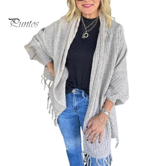 

Женский кардиган-шаль с длинным рукавом «летучая мышь», кисточками, однотонным свободным верхом, открытым спереди, осенне-зимняя вязаная шаль светло-серый