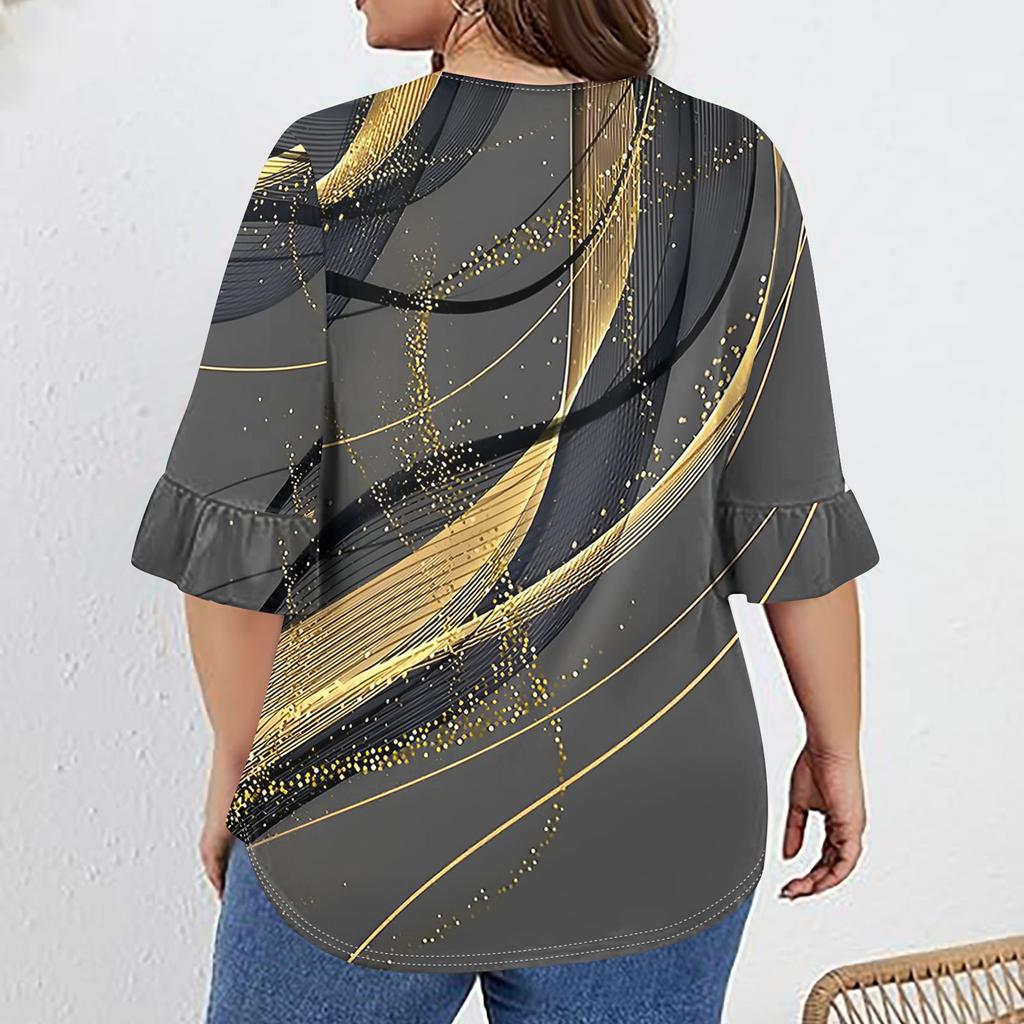 Women's Fashion Casual  Printed V-Neck Pleated Seven Minute Sleeve Ruffle Sleeve T-Shirt Plus Size Tops