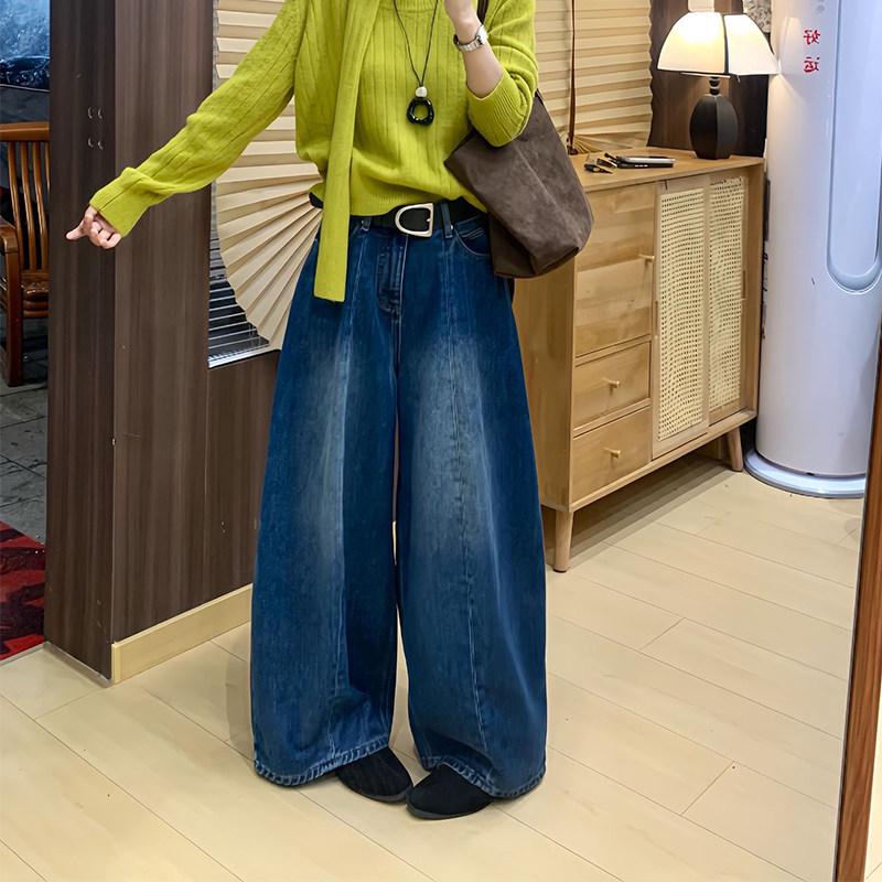 Kadın Retro Yüksek Bel Geniş Paça Kot Pantolon - İlkbahar/Sonbahar Büyük Beden, İnce Gösteren Balon Pantolon