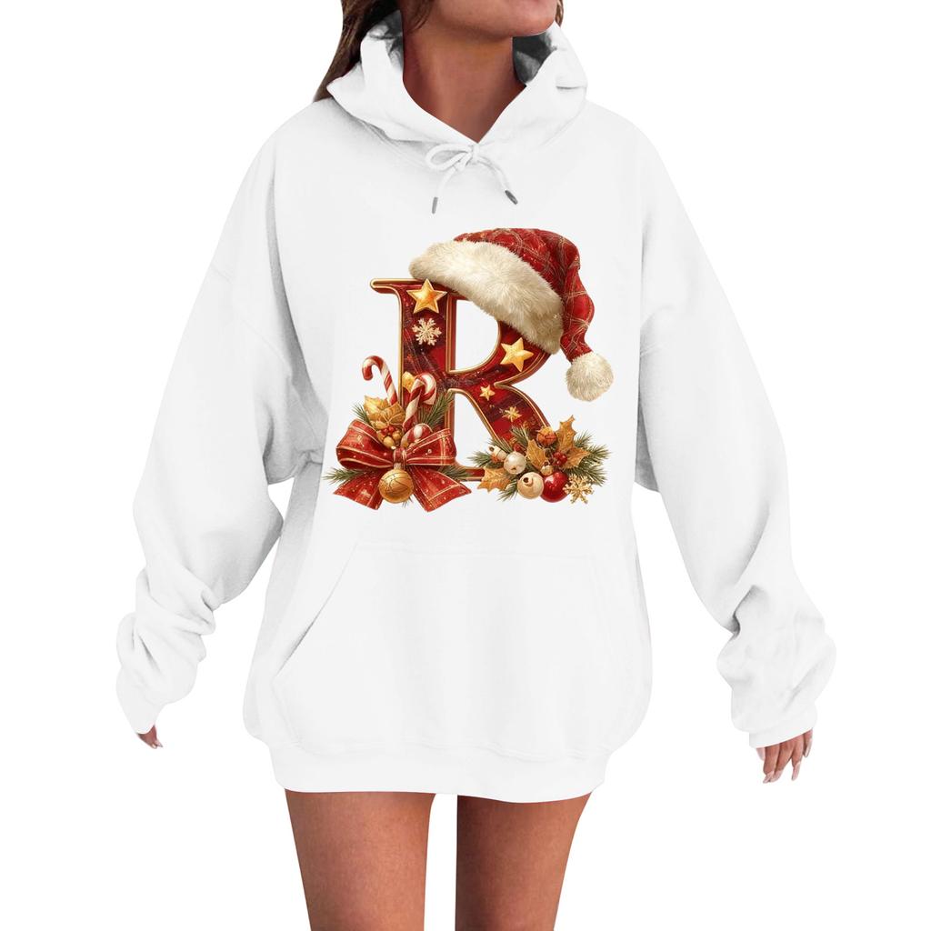 Women's Casual Comfortable Long-Sleeved Christmas Letter-Printed Warm Hooded Crew-Neck Sweatshirt