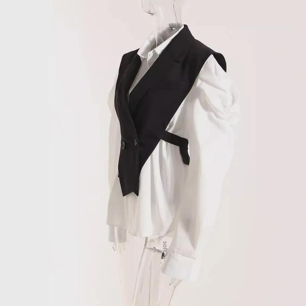 2025 Spring Korean Slim Puff Sleeve White Shirt & Waist Strap Vest Set