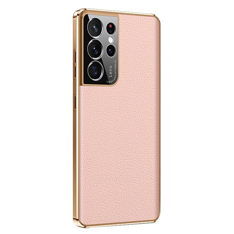For Samsung Galaxy S23 Ultra Shockproof Phone Cover Camera Protection Genuine Leather Coated PC Electroplating Back Case