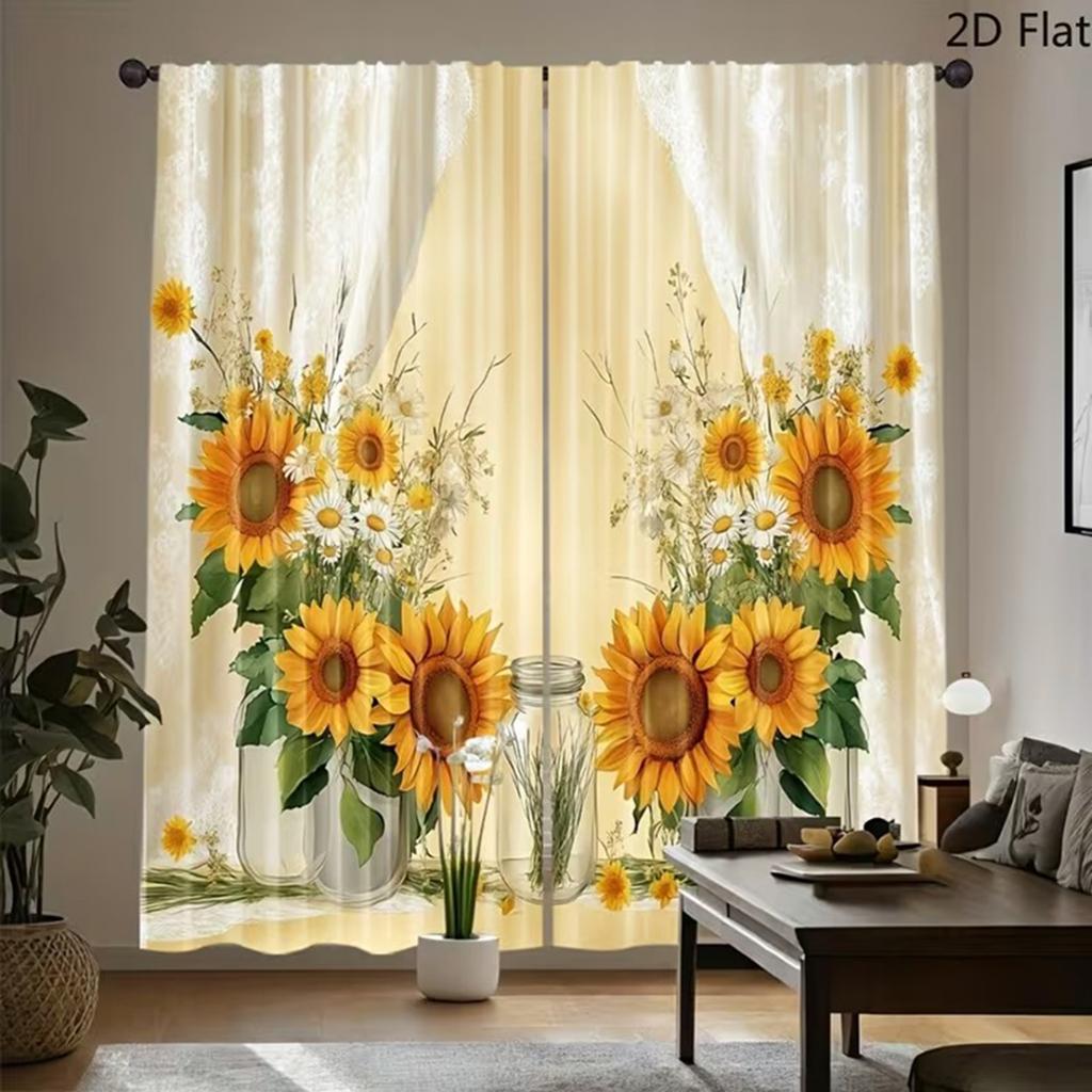 2-Piece Set Fashionable Sunflower Seasonal Theme Curtains 100% Polyester Material for Bedroom Decor