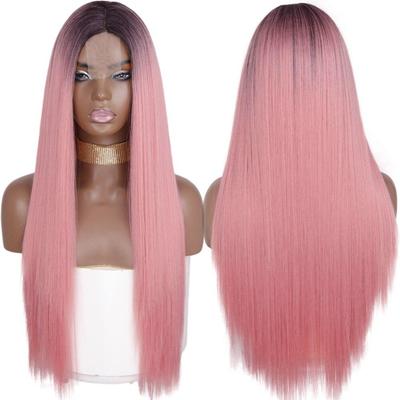 Peluca sintética de pelo rosa largo y liso para mujer, peluca de parte media Natural para niña, peluca Natural de fibra resistente al calor