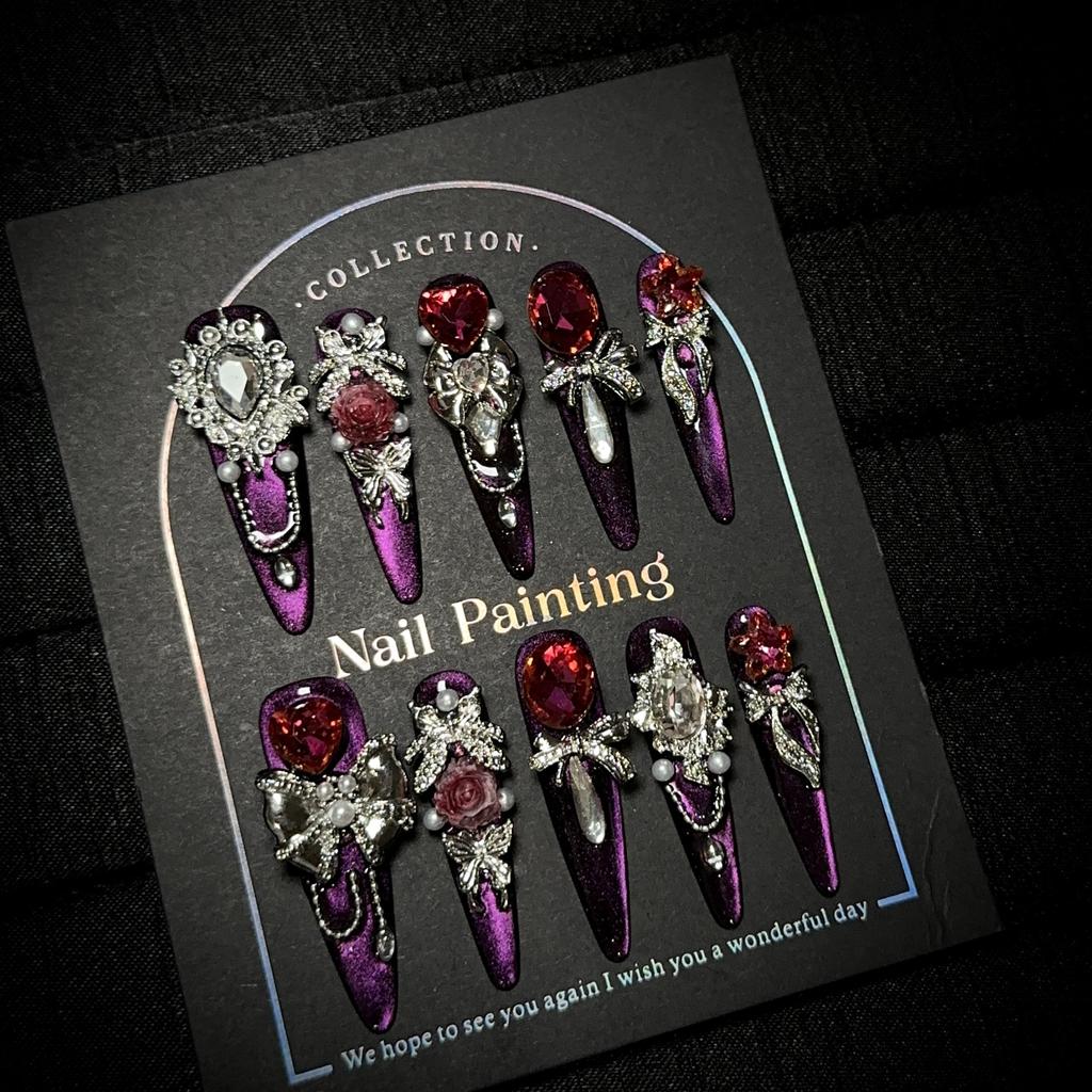 Handmade Luxury Press On Nails Long Almond French Tip Sparkly Fake Nails 3D Rhinestones Designs Acrylic Nails Reusable Stick On Nail for Women