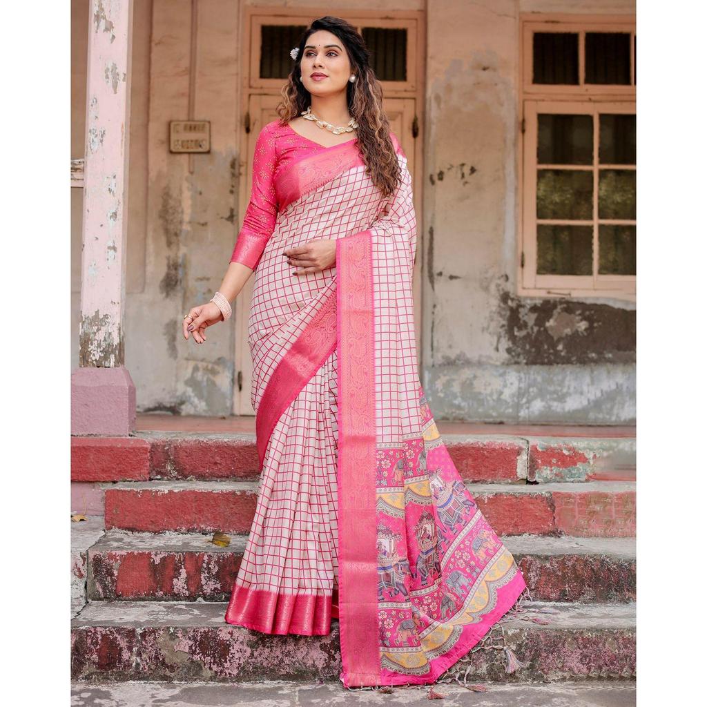 Pure Silk Digital Printed Saree, Exuding Regal Charm With Its Rich Pallu And Intricate Brocade Blouse
