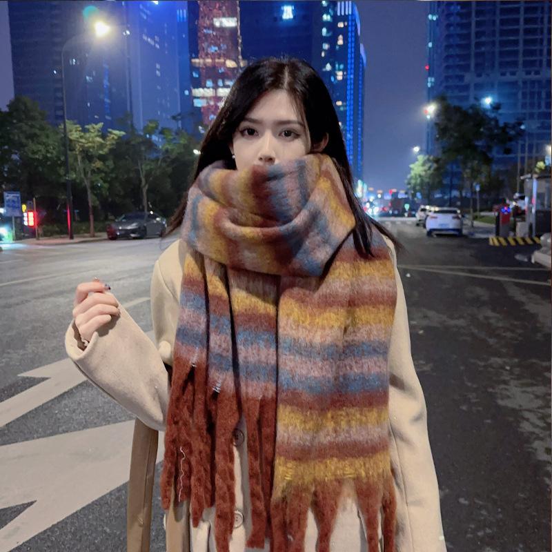 Mohair Stripes Contrasting Colors Thick Braids Korean Version Scarf Men and Women Couple Shawl Thickened Oversized Warm Winter Scarf