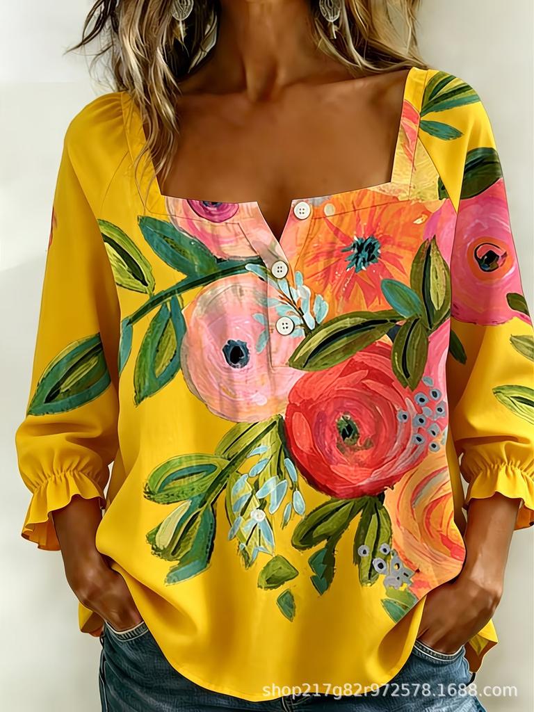 New Xiyin Summer T-Shirt Women's Printed Square Neck Button Bubble Sleeve Women's Top Women's