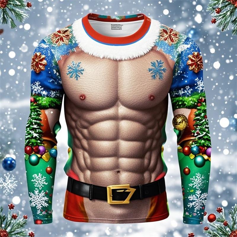 Divertenti Magliette Stampate in 3D con Muscoli Finti di Babbo Natale Brutto Natale Uomo Donna Magliette a Maniche Lunghe Moda Oversize Abbigliamento Natalizio da Uomo