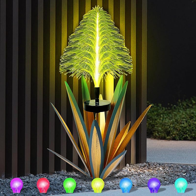 Metal Outdoor Decoration Gift Metal Agave Plants Outdoor Decor, Metal Agave Yard Art Garden Lights Solar Outdoor, 7 Color Changing Garden Yard