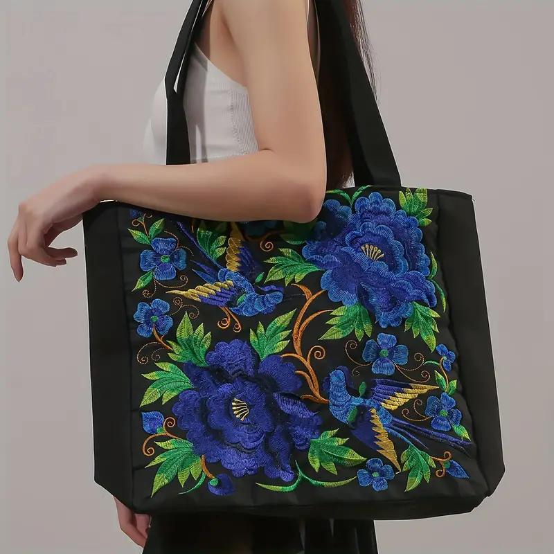 Ethnic Style Flower Embroidery Canvas Tote Bag Large Capacity Shoulder Handbag for Women