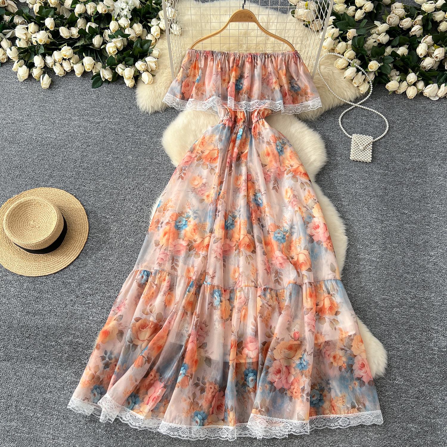 

Высококачественное цветочное пляжное макси-платье для женщин с разрезом по горловине, эластичное отпускное шифоновое платье А-силуэта с кружевным принтом, длинный сарафан M оранжевый