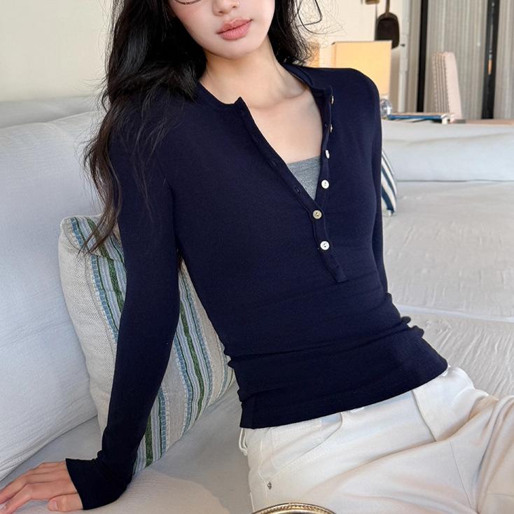 Henley Shirt Shoulder T-Shirt Autumn Versatile Shirt