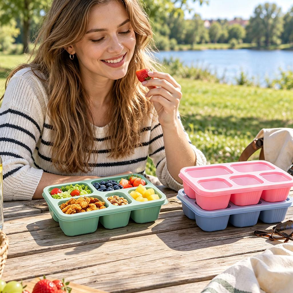 Microwavable Plastic Student Lunch Box, Rectangular 5-Compartment Bento Box, Multi-Size Meal Prep Container, 4 Color Set