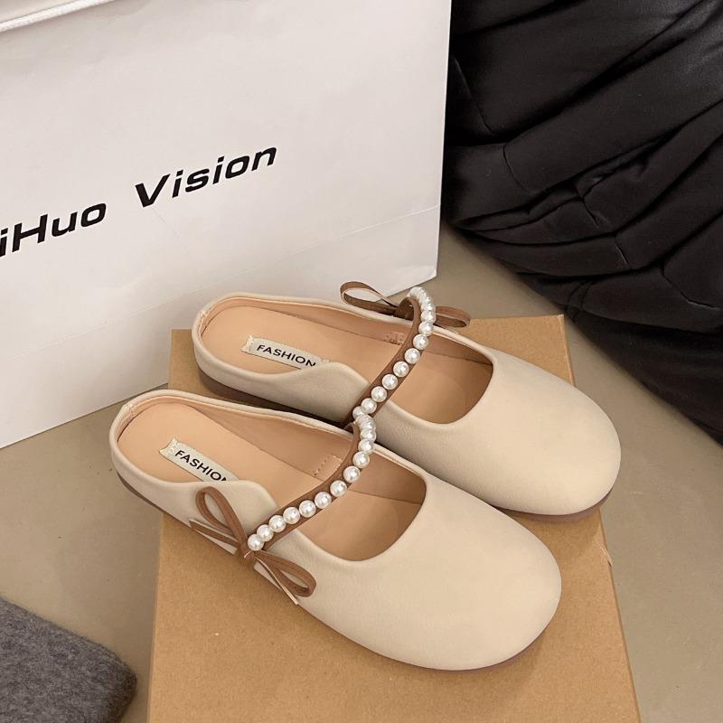 

Баотоу полутапочки женские для улицы летние новые жемчужный бант нежные плоские ленивые крутые тапочки 40 бежевый