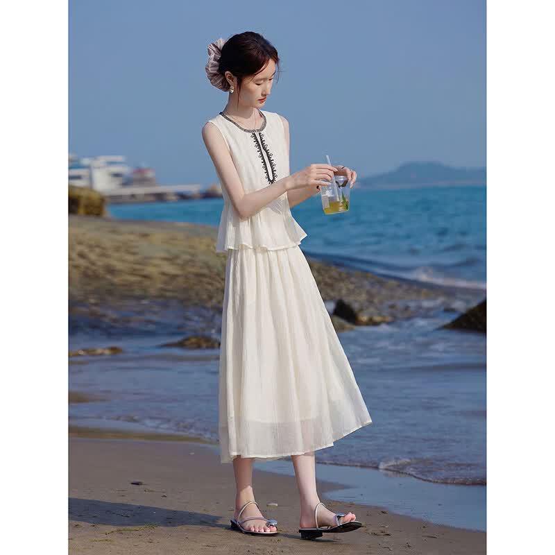 Lyocell Embroidered Vest and A-Line Skirt Set