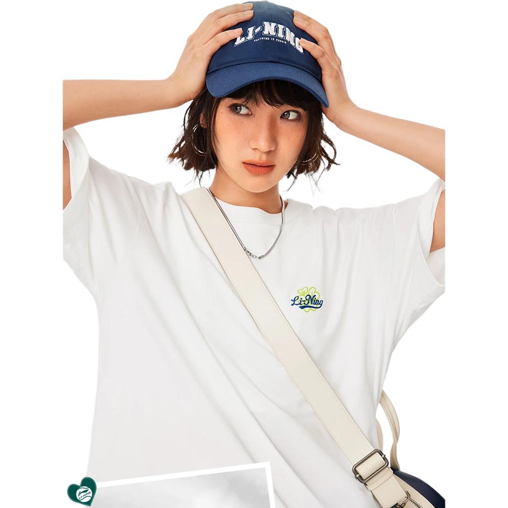 Li Ning Sports Trend Series Printed Letter Round Neck Comfortable Breathable Short Sleeve T-Shirt Women Tops Sour-Green AHSU522-4