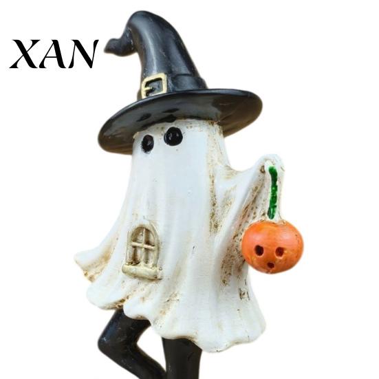 Hand Painted Resin Ghost Decor Halloween Figurine, Vintage Cute Holding Unique Gothic Room Accents Pumpkin Lantern Statue for Indoor Home Table