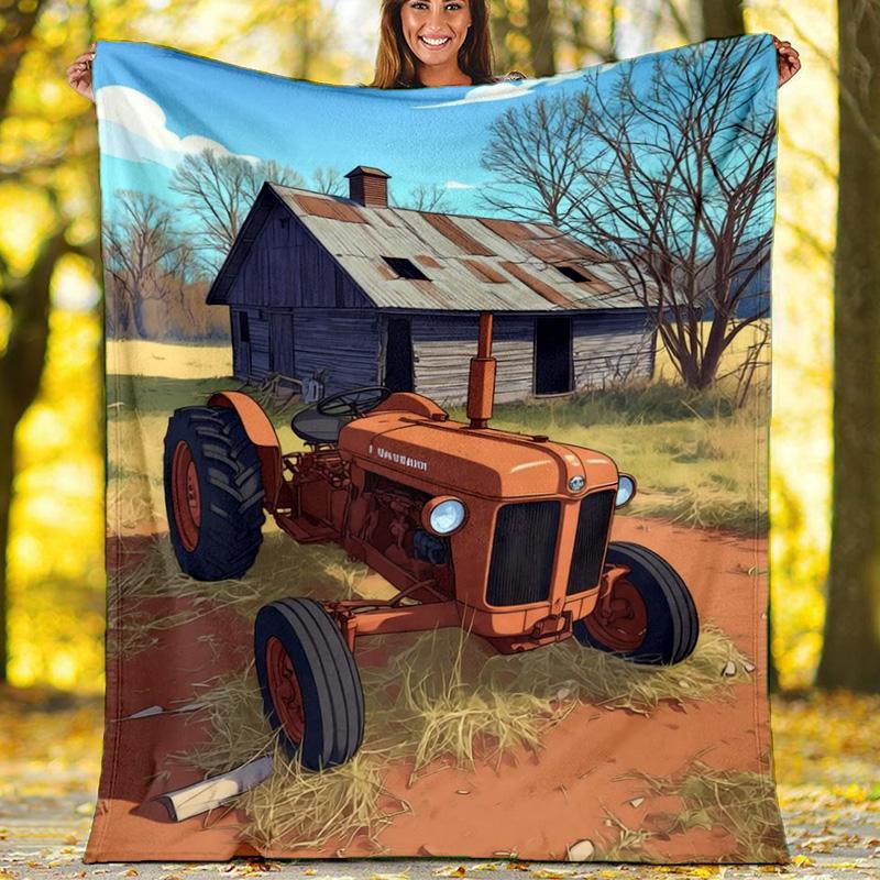 Vintage Farm Tractor Fleece Printed Flannel Blanket, Warm Soft Throw Sofa Bed Blanket 80cm x 120cm