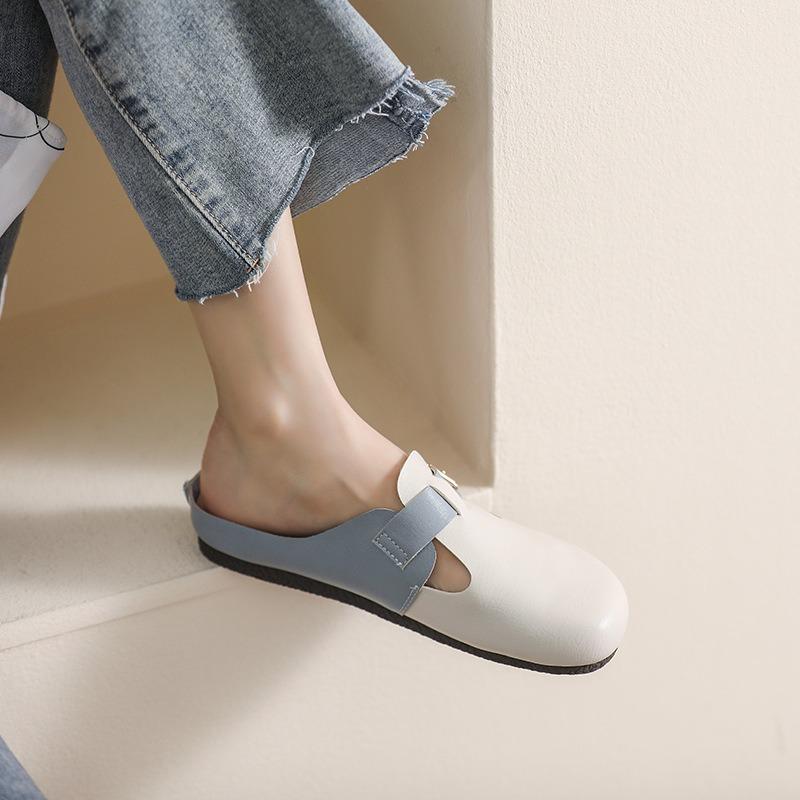 Koreanische Version der Retro-Slipper mit großem Kopf und flachem Boden, ein Fußhocker, Baotou-Halbsandalen-Slipper, weicher Boden, runde Spitze, Sandalenslipper für Damen