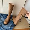 Nischendesign braune Stiefel 2025 neu runde Zehenpartie flache Sohle Stiefel Damen kleiner dicker Absatz hohe Reiterstiefel