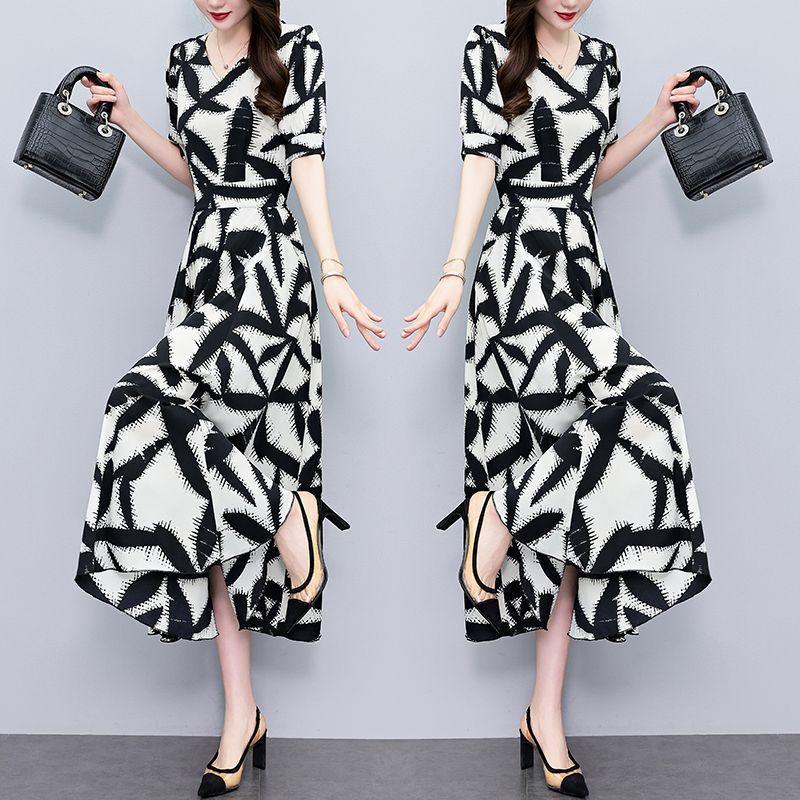 Plus Size Slimming Waist-cinching Polyester Dress for Middle-aged Mothers