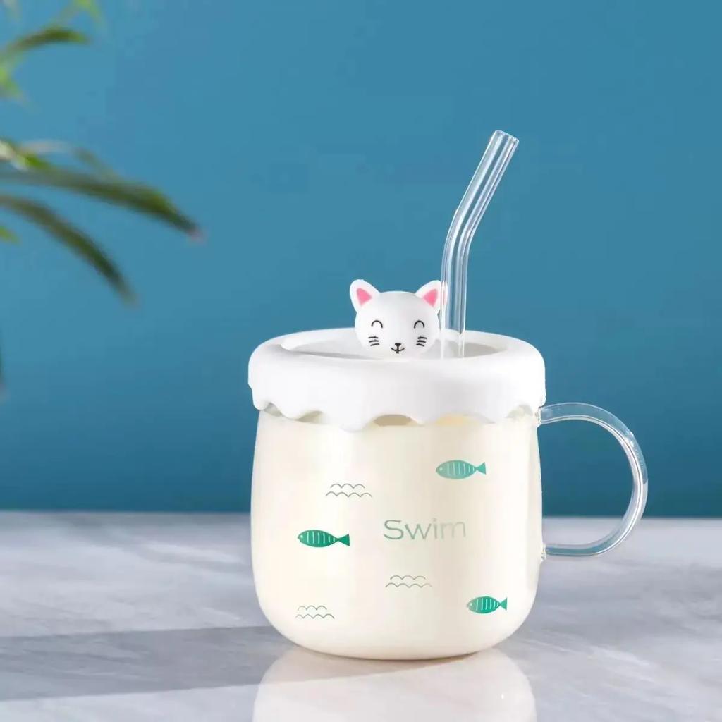 Kawaii Cups Cute Panda Glass Cup With Straw Cap Spoon Coffee Breakfast Cup Beer Mug Cups and Mugs Free Shipping Drinking Glasses