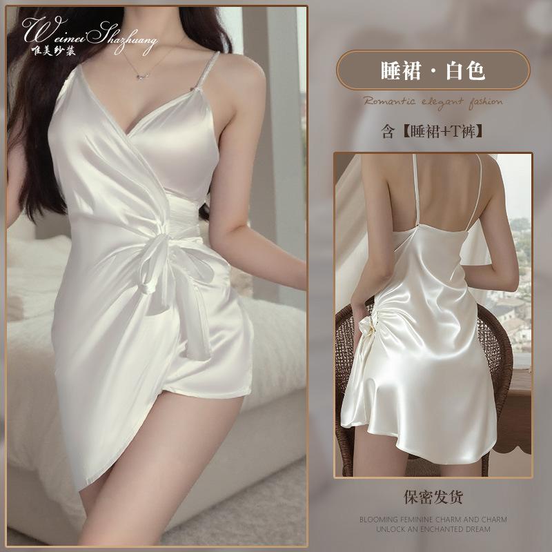 

Beautiful yarn sexy pure desire one piece suspender nightdress deep V sexy pleated suspender nightdress women One size fits all белый