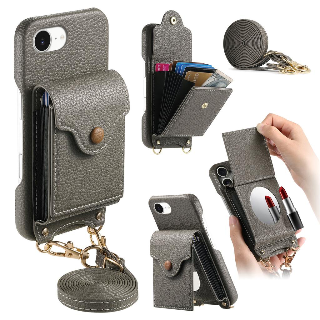 For iPhone 16e Case Mirror Card Holder Litchi Texture Leather Phone Back Cover with Long Strap