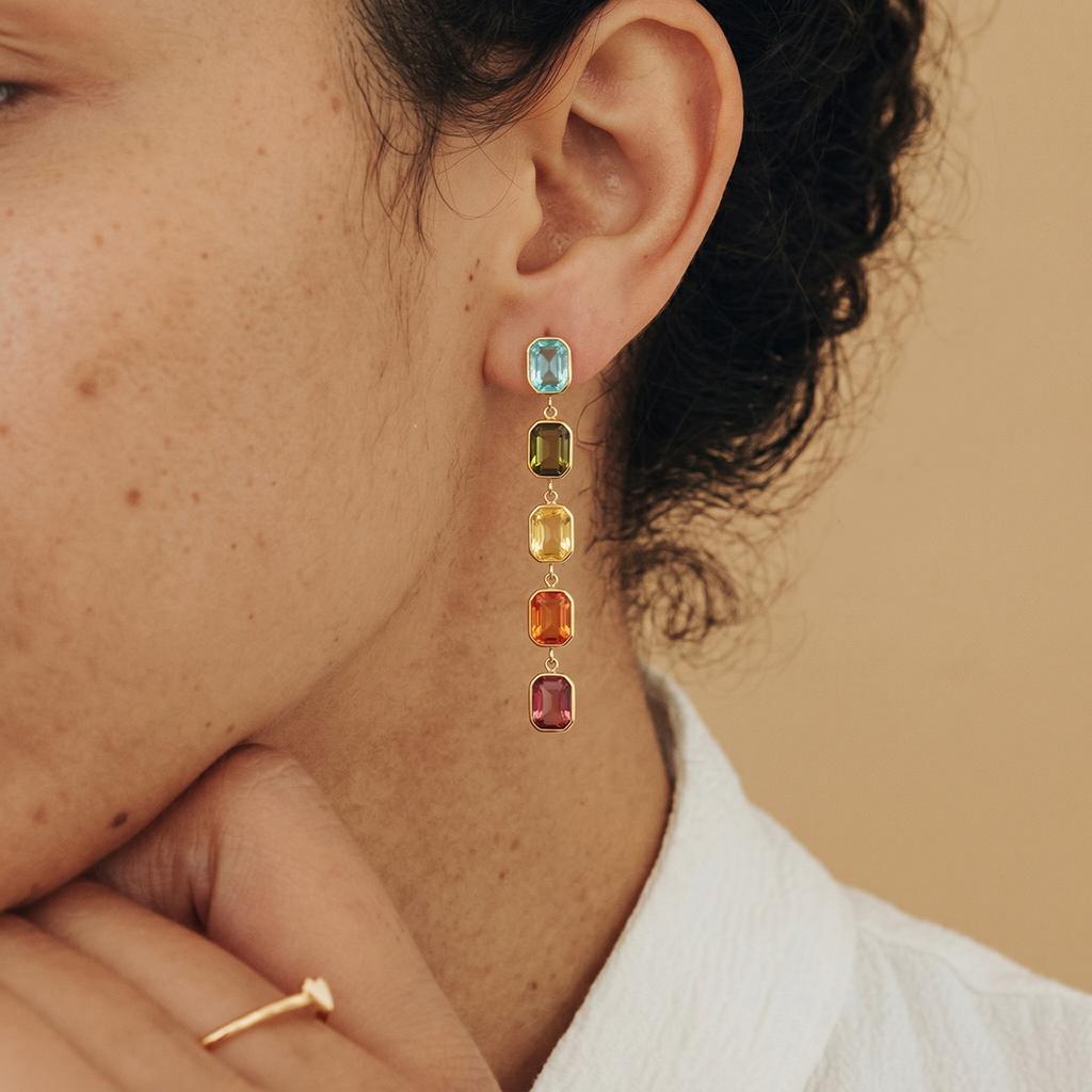 Stainless Steel Multi-Color CZ Linear Drop Earrings 18K Gold Plated Long Dangle Statement Earrings for Women Fashion Jewelry